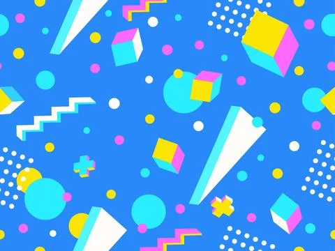 3D geometric seamless pattern in 80s style. 3d isometric triangles, zigzags.. Illustrazione stock