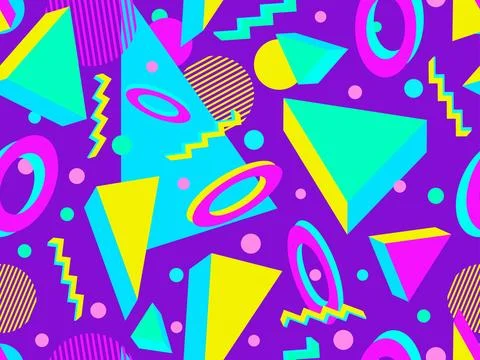 3D geometric seamless pattern in 80s style. 3d isometric triangles, zigzags.. Illustrazione stock