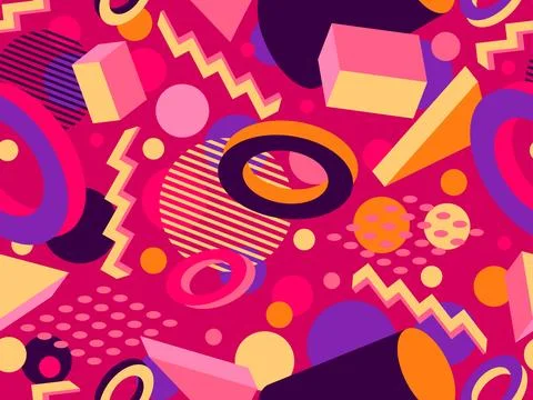 3D geometric seamless pattern in 80s style. 3d isometric triangles, zigzags.. Stock-Illustration