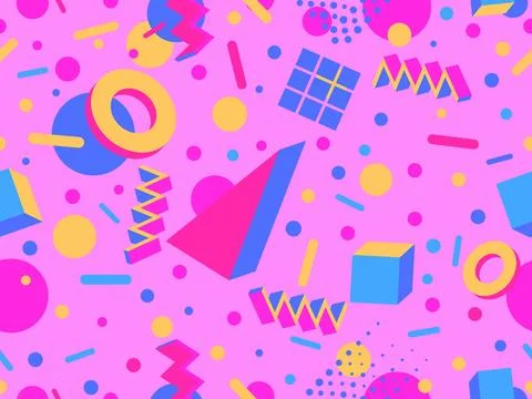 3D geometric seamless pattern in 80s style. 3d isometric triangles, zigzags.. Illustrazione stock