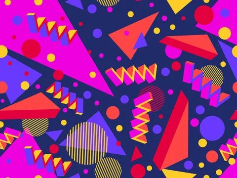 3D geometric seamless pattern in 80s style. 3d isometric triangles, zigzags.. Illustrazione stock