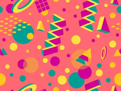 3D geometric seamless pattern in 80s style. 3d isometric triangles, zigzags.. Illustrazione stock