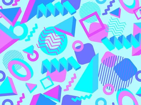 3D geometric seamless pattern in 80s style. 3d isometric triangles, zigzags.. Illustrazione stock