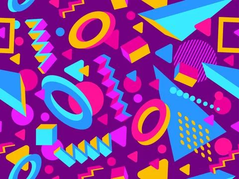 3D geometric seamless pattern in 80s style. 3d isometric triangles, zigzags.. 스톡 일러스트