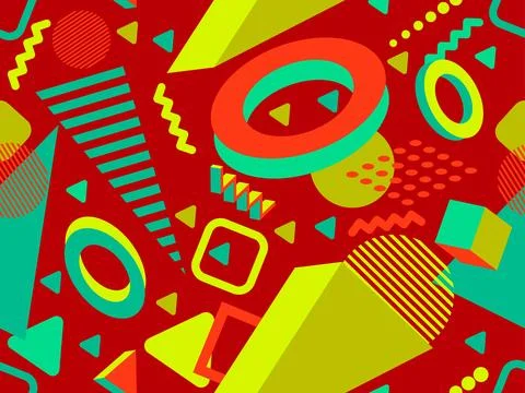 3D geometric seamless pattern in 80s style. 3d isometric triangles, zigzags.. Illustrazione stock