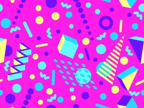 3D geometric seamless pattern in 80s style. 3d isometric triangles, zigzags.. Illustrazione stock