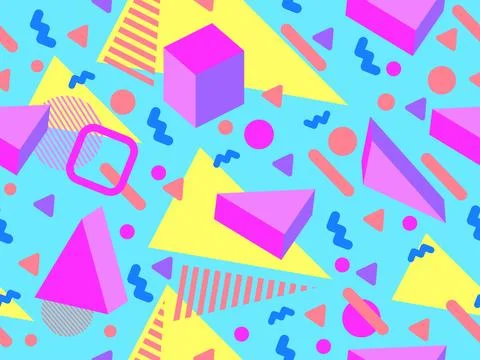 3D geometric seamless pattern in 80s style. 3d isometric triangles, zigzags.. 스톡 일러스트