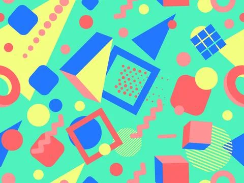 3D geometric seamless pattern in 80s style. 3d isometric triangles, zigzags.. Illustrazione stock