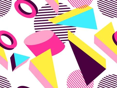 3d geometric seamless pattern in style of the 80s. 3d isometric triangles, sq Stock Illustration