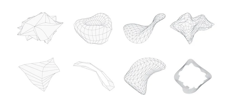 3d geometric shapes set. Wireframe vector figures. Graphic line obgects. Illustrazione stock