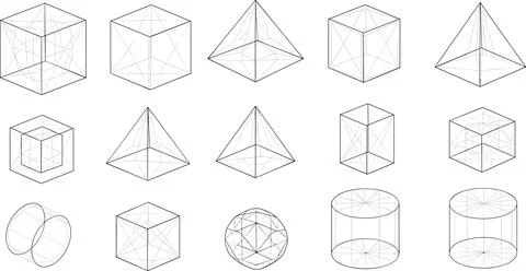3D Geometric Shapes Wireframe Set, Isometric Mathematics Perspective Vector.. Stockillustratie