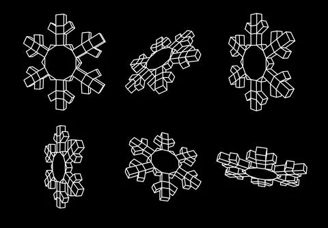 3D geometric snowflakes set, wireframe grid in white on black background for 스톡 일러스트