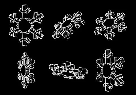3D geometric snowflakes set, wireframe grid in white on black background for Stock Illustration
