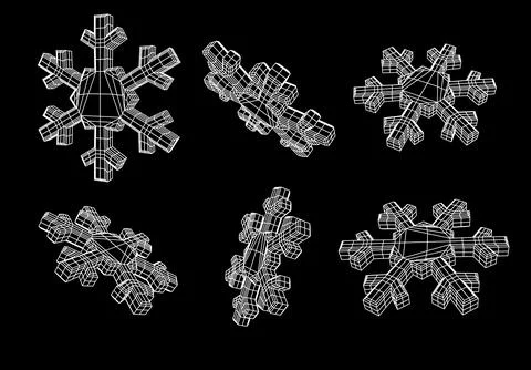 3D geometric snowflakes set, wireframe grid in white on black background for Stock Illustration