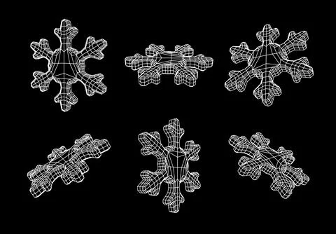 3D geometric snowflakes set, wireframe grid in white on black background for Stock Illustration