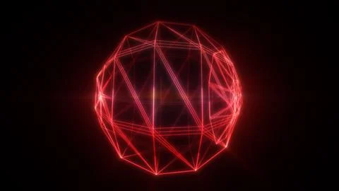 A 3D geometric sphere constructed from intersecting red neon lines, symboli.. Stock Illustration