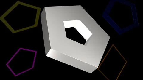 3D geometric white pentangle shape on a black background. Mathematical conc.. 스톡 일러스트