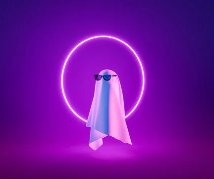 3D ghost with neon ring against purple background Stock Illustration