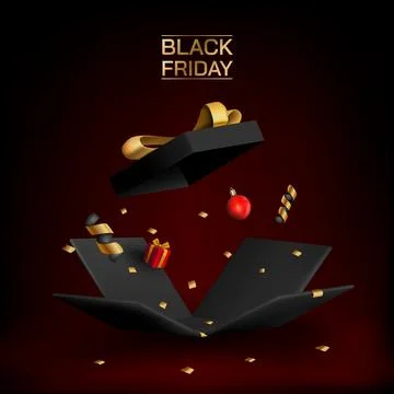 3d gift, black friday box. Open prize giftbox, happy festive prize render. Gold Ilustración de archivo