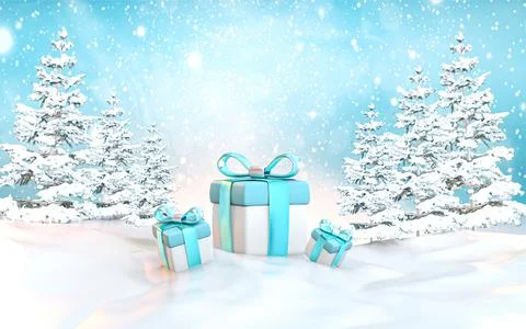 3d gift box with Christmas tree landscape background Stock Illustration