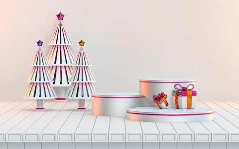 3d gift box with Christmas tree podium stage background Stock Illustration