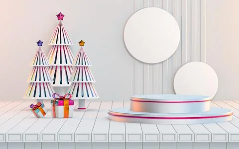 3d gift box with Christmas tree podium stage background Stock Illustration