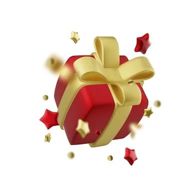 3d Gift box decorative festive object with golden bows and gold sequins confetti Stock Illustration