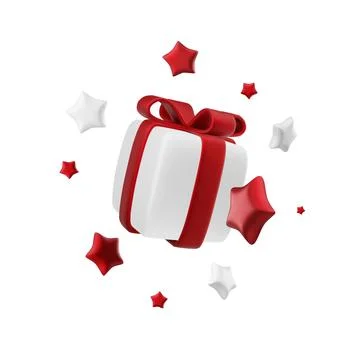 3d Gift box decorative festive object with red bows and gold sequins confetti on Stock Illustration