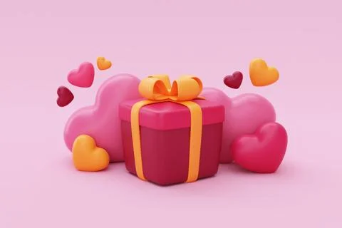 3d Gift box with heart-shaped balloons isolated on pink background. Element.. Stock Illustration