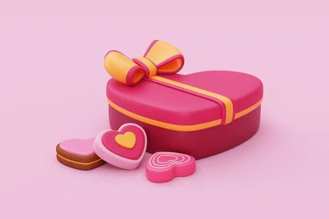 3d Gift box with heart-shaped cookies isolated on pink background. Element .. Stock Illustration