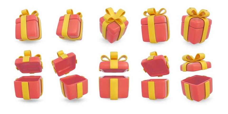 3d gift box. Open present red giftbox, white prize closed package with yellow Stock Illustration