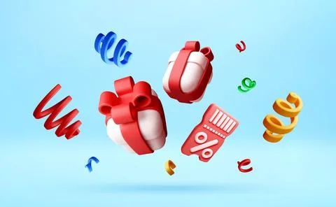 3D gift box with red ribbon and discount coupon Illustrazione stock