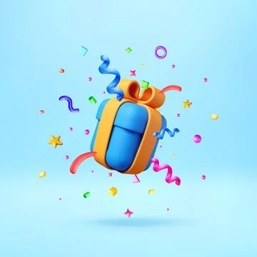 3D gift box with ribbon and flying confetti Stock Illustration
