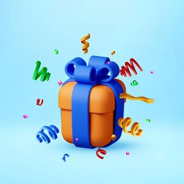 3D gift box with ribbon and flying confetti. Illustrazione stock