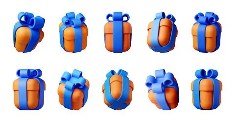 3d gift box set with blue ribbon and orange wrap Stock Illustration