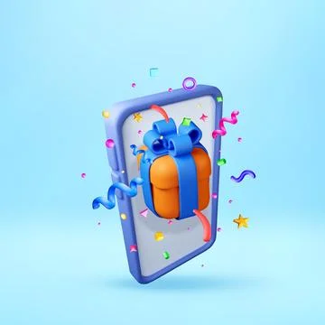 3D Gift box on a smartphone screen and confetti. Stock Illustration