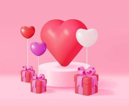 3D Gift Boxes, Balloons with Big Heart on Podium Stock Illustration