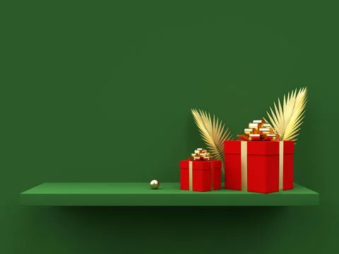 3d gift boxes with leaves on green wall shelf. Stock Illustration