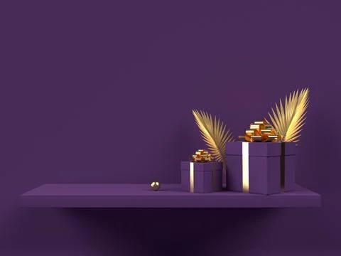 3d gift boxes with leaves on violet wall shelf. Stock Illustration