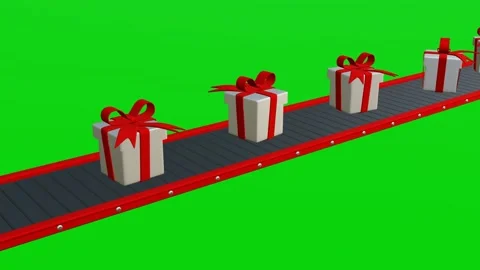 3D Gift boxes on moving conveyor belt on green screen, Present boxes animation Stock Footage 229486843