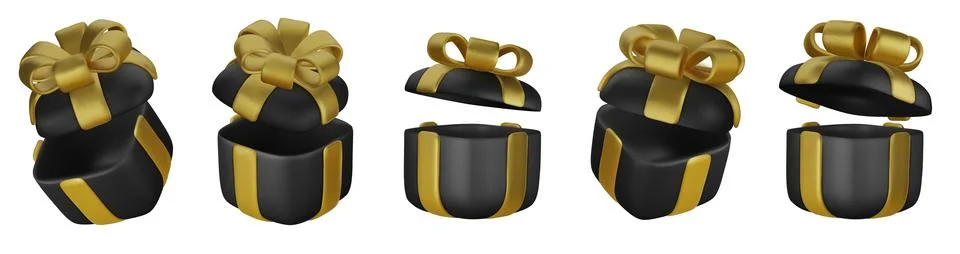 3d gift boxes set with gold ribbon bow isolated on a white background. 3d render Stock Illustration