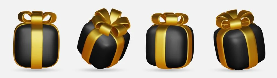 3d gift boxes set with gold ribbon bow isolated on a white background. 3d render Stock Illustration