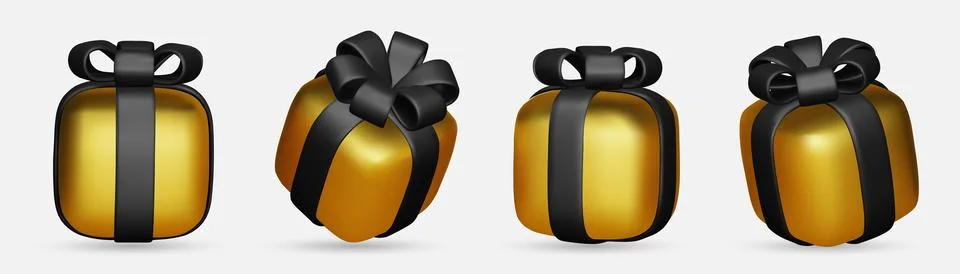 3d gift boxes set with gold ribbon bow isolated on a white background. 3d render Stock Illustration
