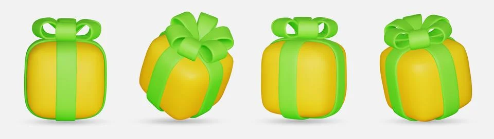 3d gift boxes set with green ribbon bow isolated on a white background. 3d Stock Illustration