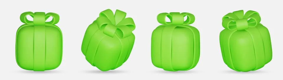 3d gift boxes set with green ribbon bow isolated on a white background. 3d Stock Illustration