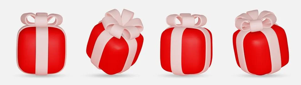 3d gift boxes set with red ribbon bow isolated on a white background. 3d render イラスト素材