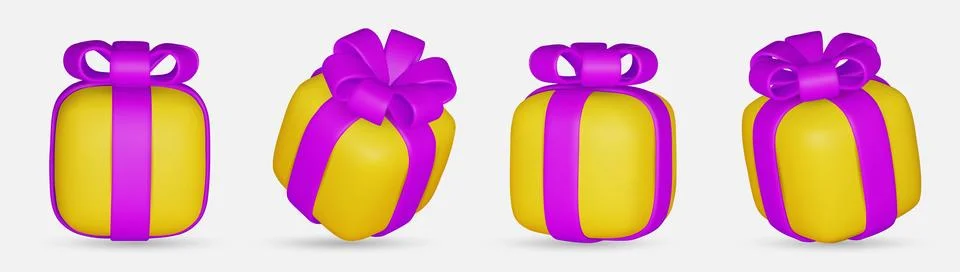 3d gift boxes set with violet ribbon bow isolated on a white background. 3d Stock Illustration
