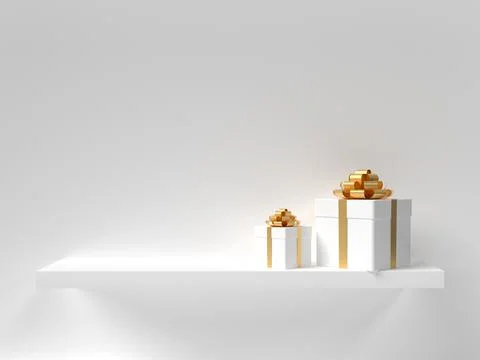 3d gift boxes on the white wall shelf. Illustrazione stock