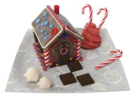 3D Gingerbread house and candy canes Stock Illustration
