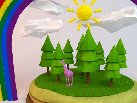 3d giraffe inside a low-poly green scene with sun, trees, clouds and a rainbo Stock Illustration